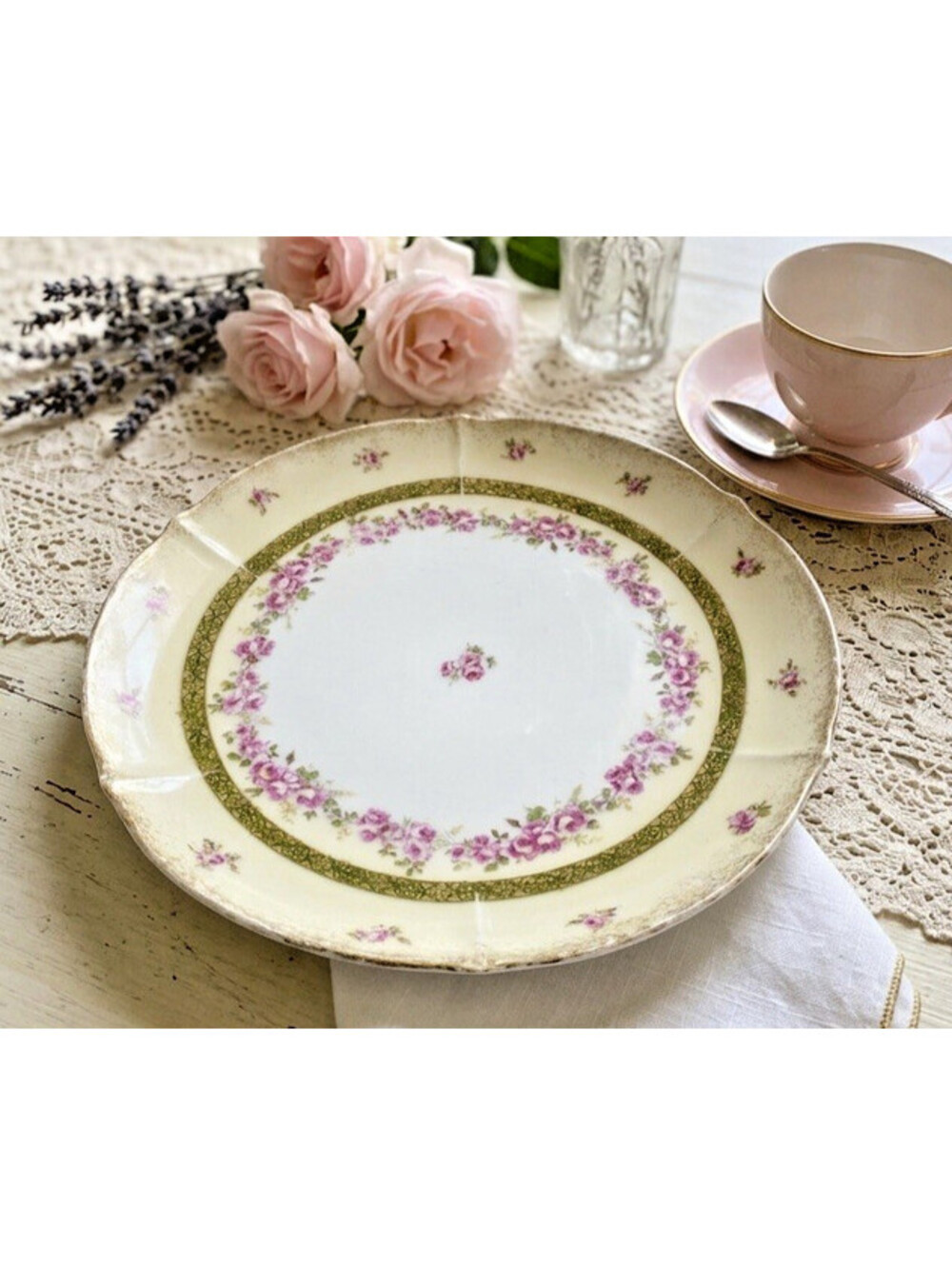 Vintage KPM Floral Plate with Pink Roses and Gold Trim, 9 In Antique Collectible
